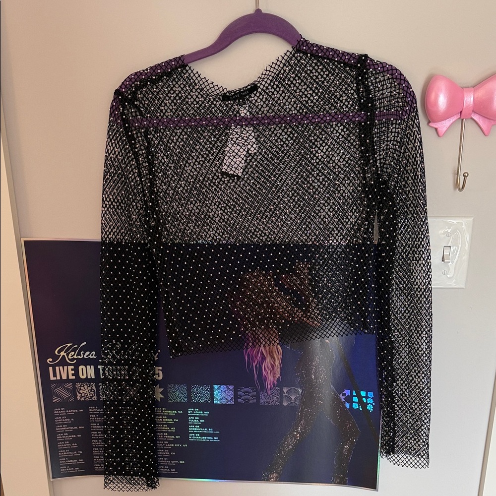 Black Mesh Top with Glitter Accents